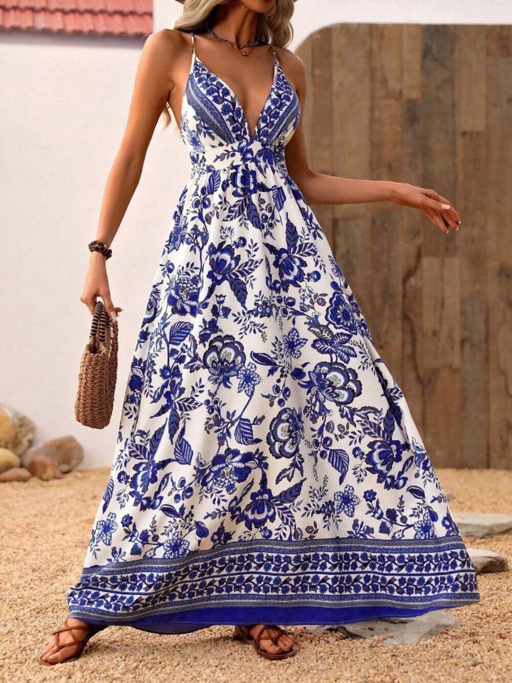 Navy Casual Women's Camisole Dress with Deep V-Neck Backless Dress